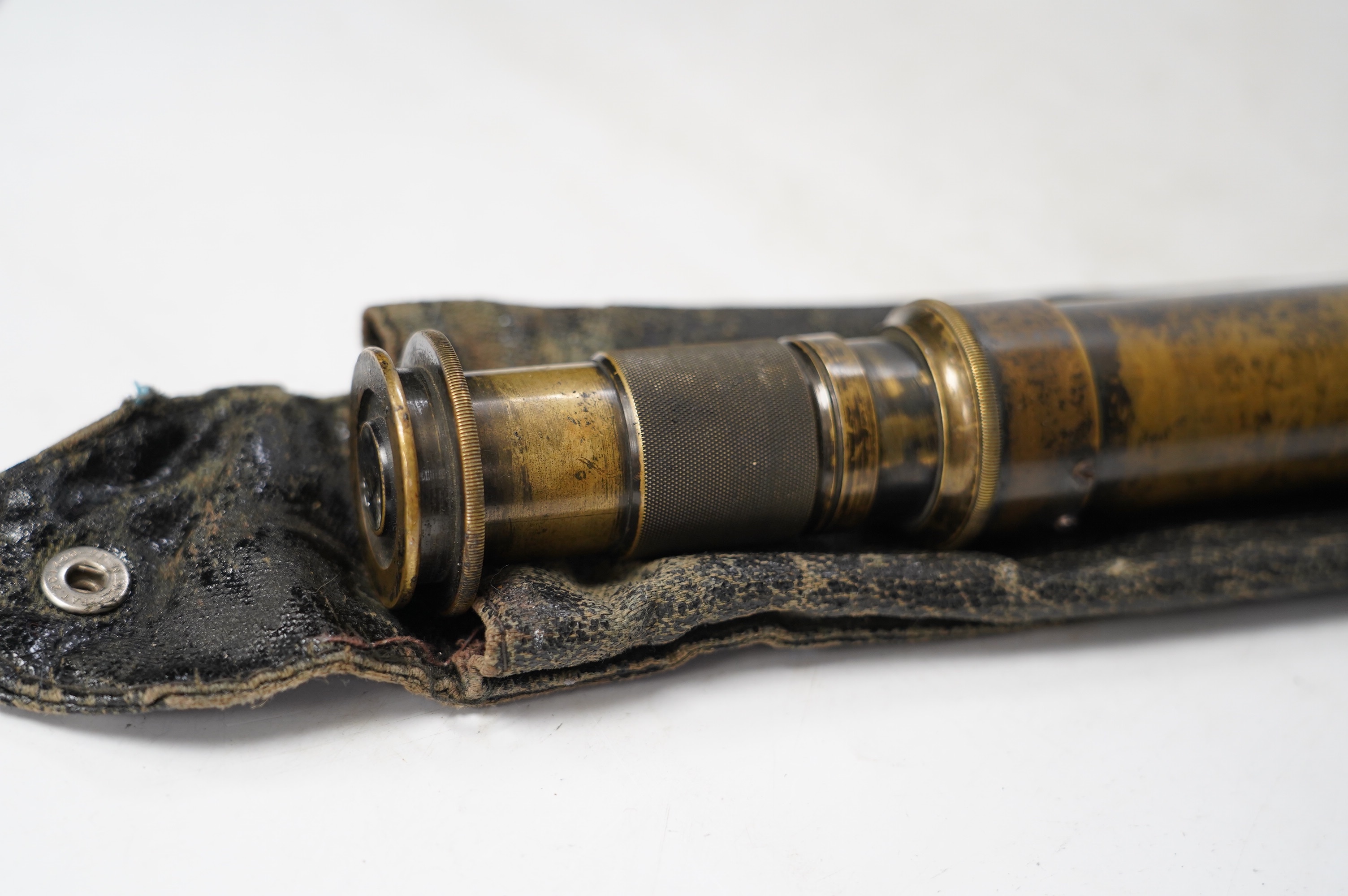 A First World War military brass gunners sight, stamped with board arrow and; ‘TEL. SIGHTING. No.5 (Mk.2) Ryland & Son Ltd. London 1917 No.722’, 54cm long, together with outer canvas case